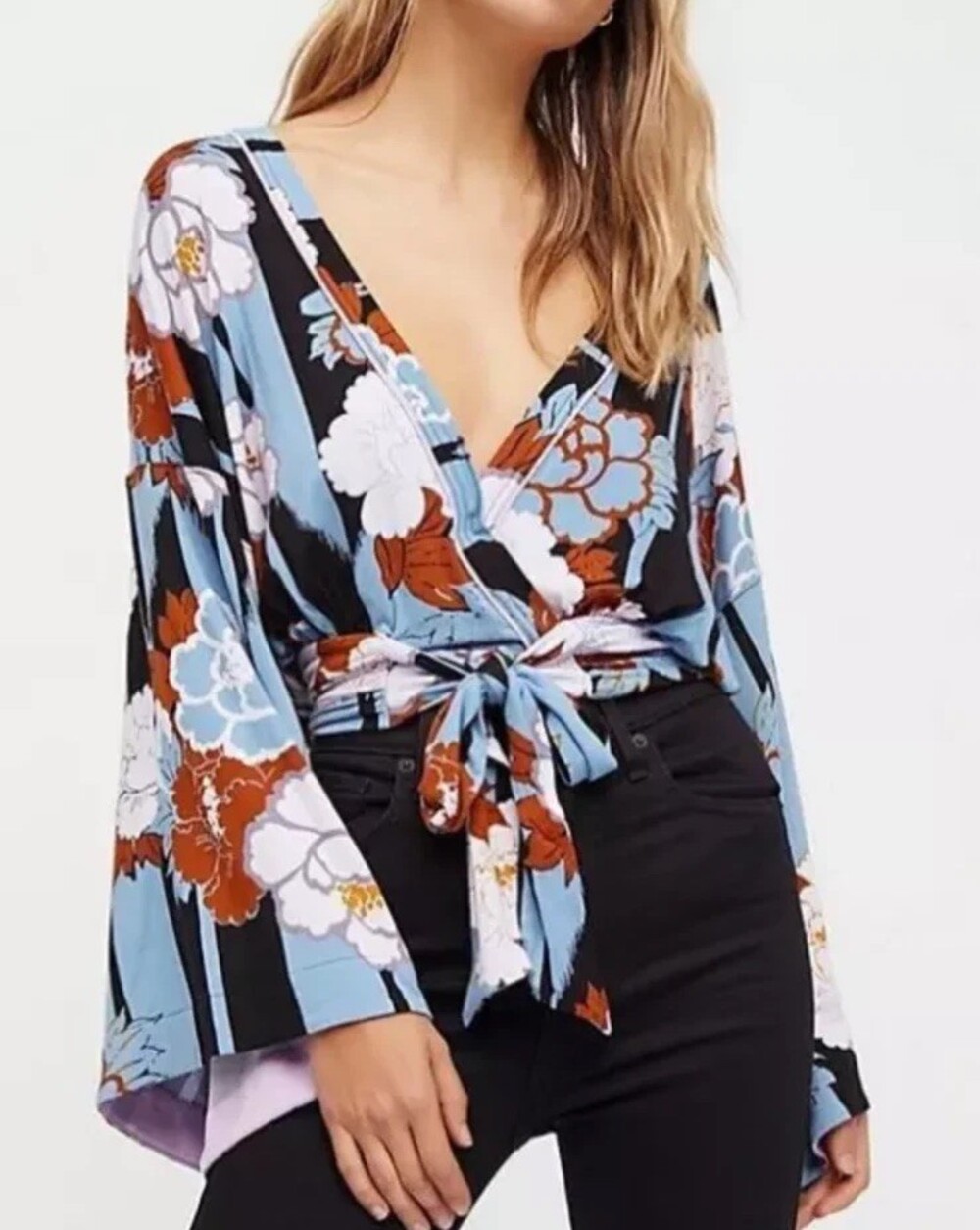 Free People Shirt Womens Small Floral Thats A Wrap Tie Front Bell Sleeve Top